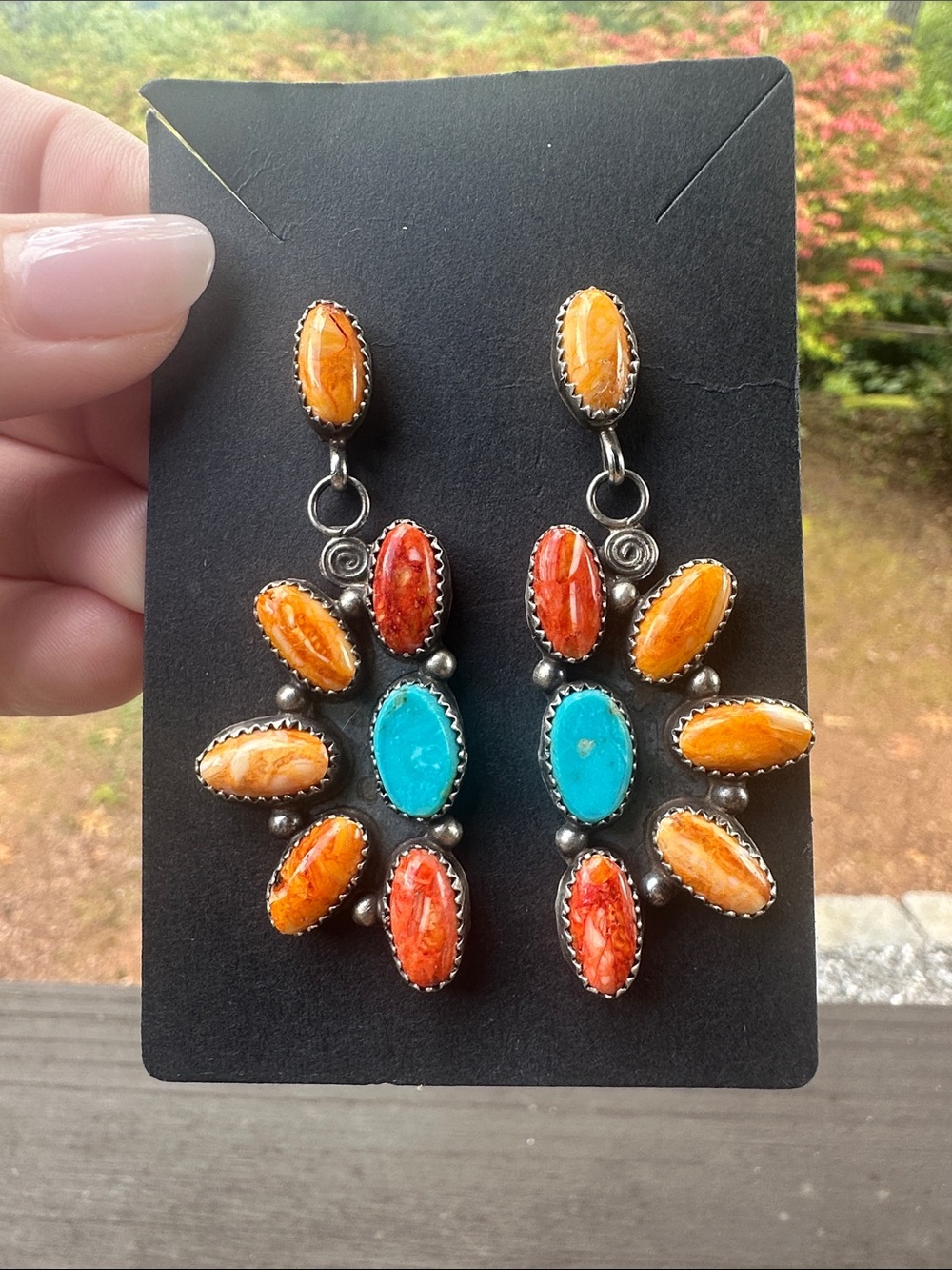 Navajo Jacqueline Silver Spiny Oyster & Turquoise Sterling Silver Earrings - Picture 7 of 7